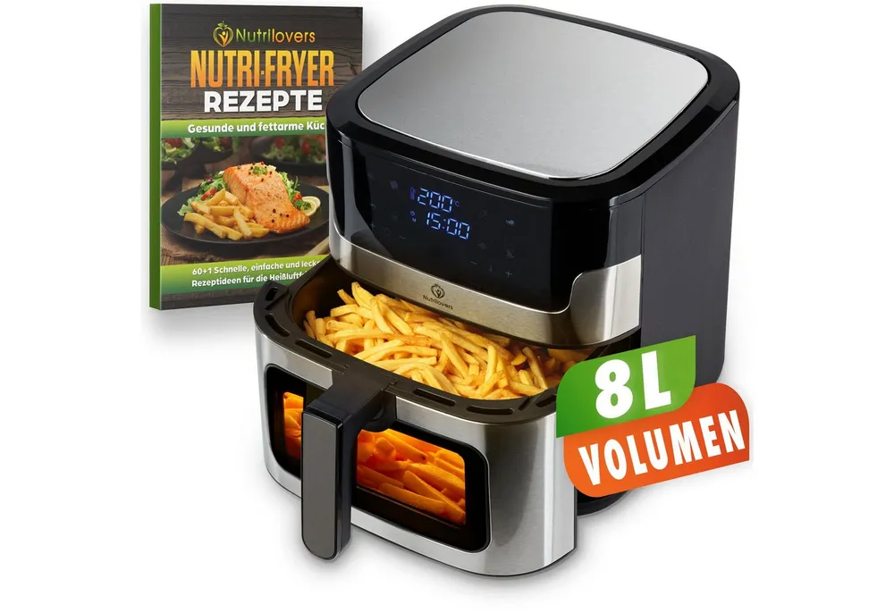 Nutrilovers Heißluftfritteuse NUTRI-FRYER Hei fluftfritteuse Edelstahl, 8L, 2000W, Ober- & Unterhitze, 2000 W