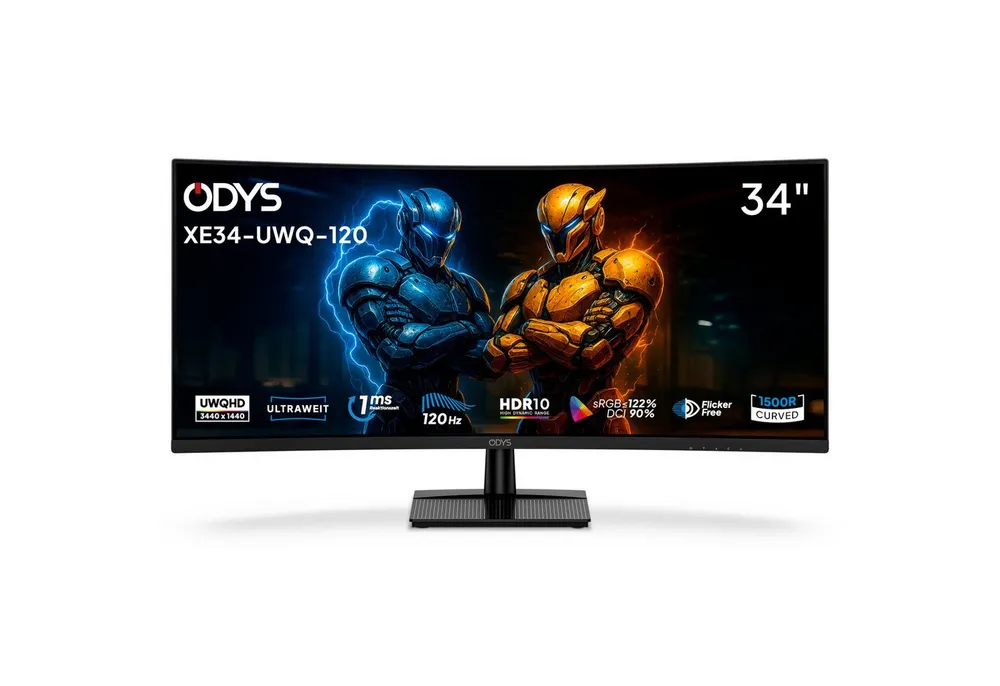Odys XE34-UWQ-120 LED-Monitor (86 cm/34 ", 3.440 x 1.440 px, UWQHD, 1 ms Reaktionszeit, 120 Hz, VA, LED, 34" Gaming Monitor, UWQHD, 120 Hz, 1 ms, HDR10, VA, DCI 89)