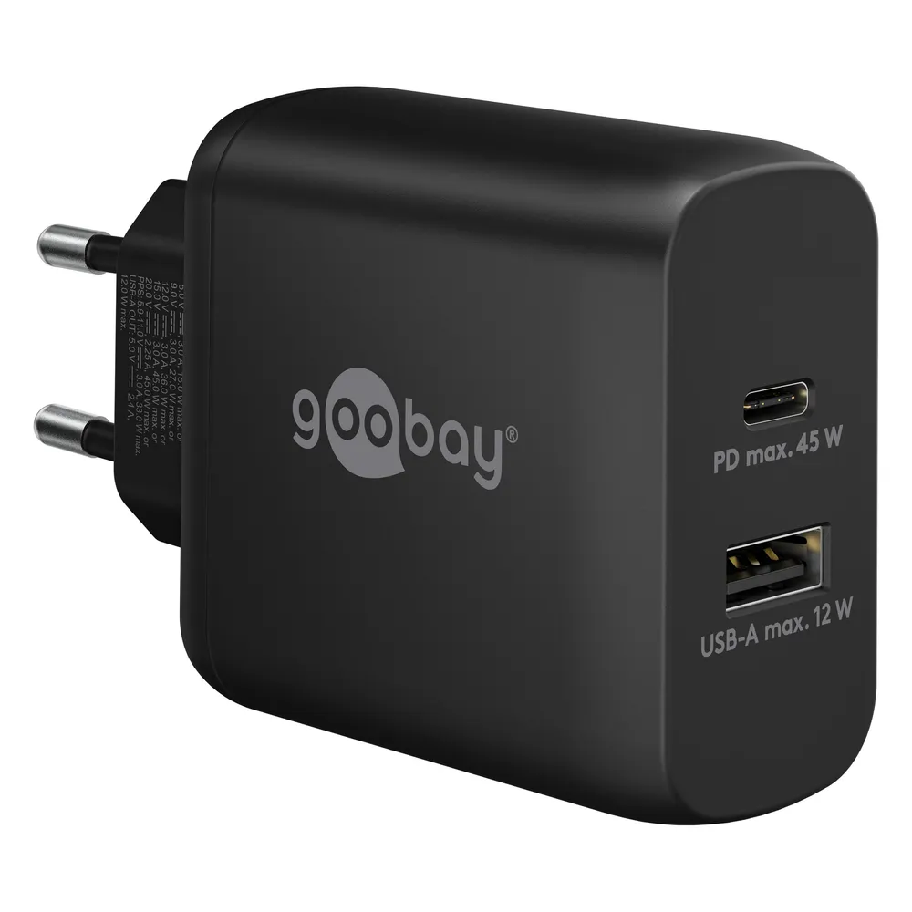 USB Dual PD Ladegerät 45W Schwarz 2 USB-C Anschlüsse Power Delivery Schnellladegerät