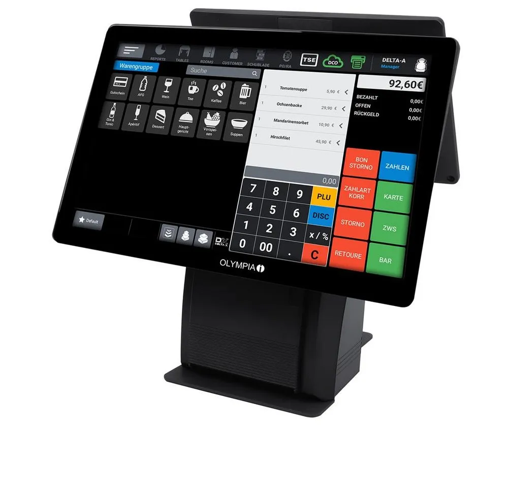 OLYMPIA OFFICE Kassensystem T215DK Kasse für Gastronomie & Handel, Touchdisplay, 15 Zoll Monitor, Registrierkasse TSE, Bondrucker