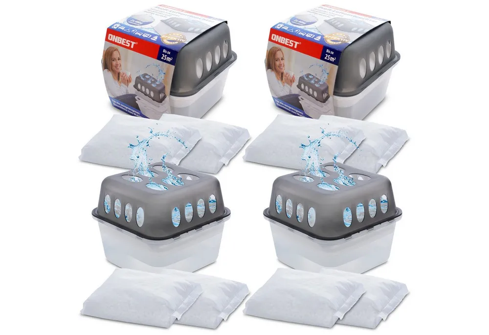 Onbest Granulat-Luftentfeuchter Set mit 4 x Entfeuchter und 8 x 400 g Nachfüllpacks, für 25 m³ Räume, Granulat, universal einsetzbar