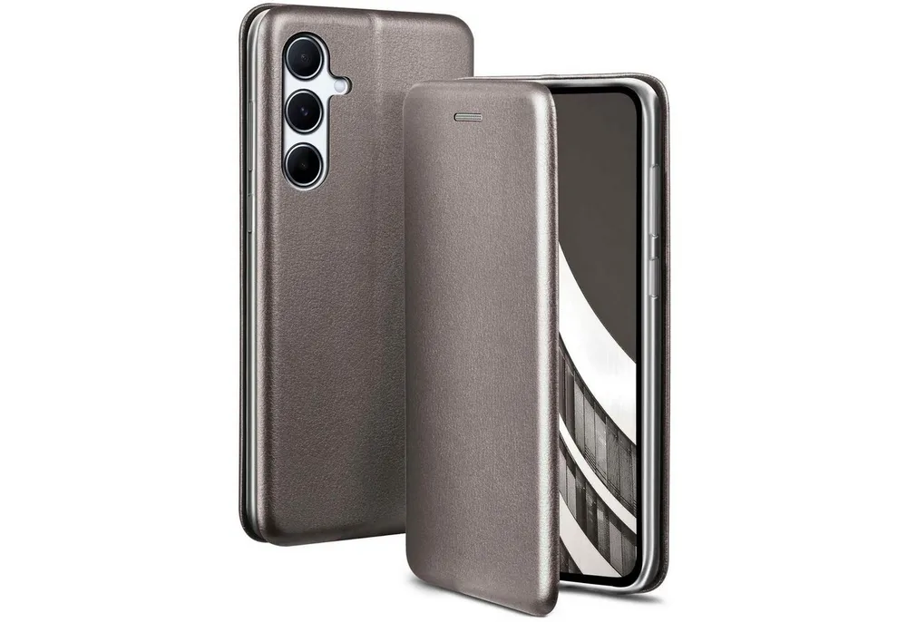 ONEFLOW Handyhülle für Samsung Galaxy A56 5G Premium Hülle Business Cover Grau 6,7 Zoll, 360 Grad Schutzhülle Flip Case Etui Klapphülle Dünn Leder Handy Tasche