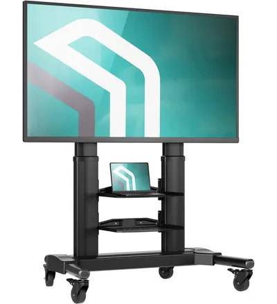 ONKRON TV-Ständer 40-80 Zoll, bis 65.5 kg, VESA 200x200-700x400, TS2771-B, (bis 80 Zoll, rollbar, höhenverstellbar, aus Aluminium, mit 2 Ablagen)