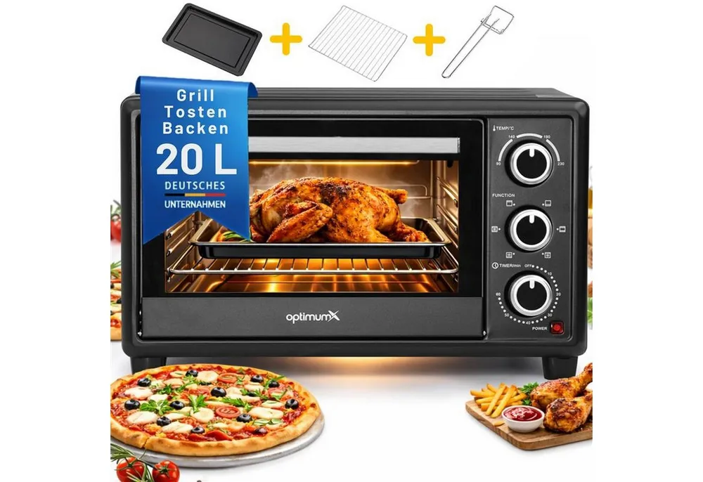 optimumX Minibackofen, 20 Liter mit Umluft, 1380W, 6 Kochfunktionen, 60 min, 90-230°C