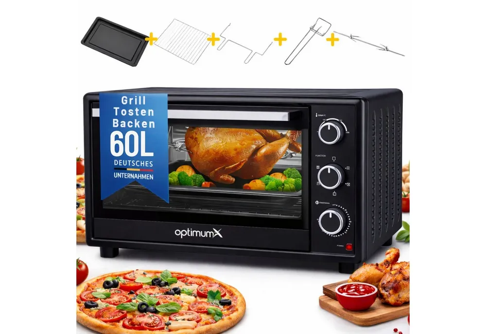 optimumX Minibackofen, 60 Liter XXL mit Umluft, 2200W, 5 Kochfunktionen, 60 min, 90-230°C
