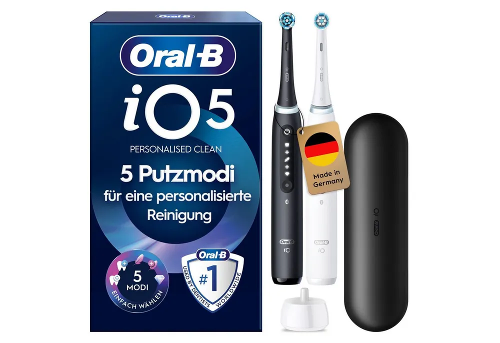 Oral-B Elektrische Zahnbürste iO 5 Duopack, Aufsteckbürsten: 2 St., mit Magnet-Technologie, LED-Anzeige, 5 Putzmodi, Reiseetui