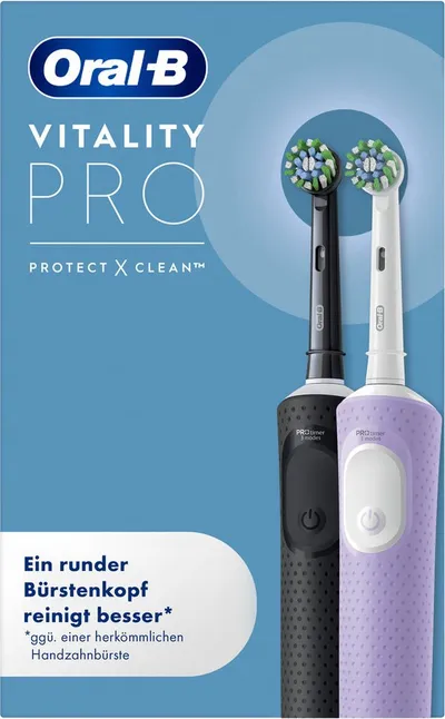 Oral-B Elektrische Zahnbürste Oral-B Vitality Pro, Aufsteckbürsten: 2 St., Doppelpack mit 2 Aufsteckbürsten, 3 Putzmodi für Zahnpflege, Designed by Braun, schwarz/lila