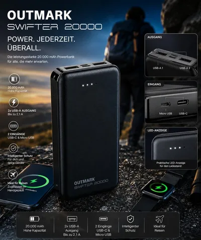 OUTMARK Swifter 20000mAh Outdoor 2x USB-A Powerbank Akku Powerbank