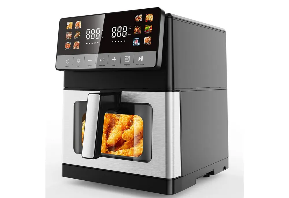 oyajia Heißluftfritteuse 10L Heißluftfritteuse aus Edelstahl, 2 Heizelementen, 12 Automatikprogramme, Sichtfenster, Touch Bedienfeld, LED Anzeige, 1800 W, Temperatur einstellbar 30 - 200 °C, 60-Minuten-Timer, silber-schwarz