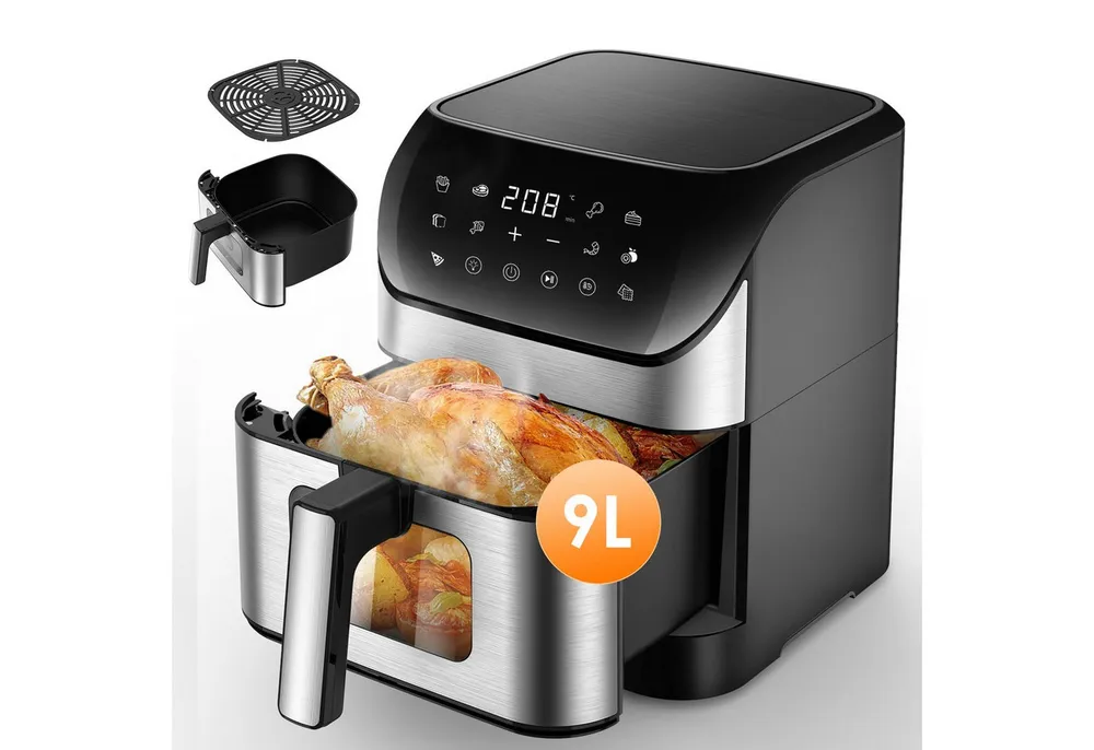 oyajia Heißluftfritteuse 10L Heißluftfritteuse aus Edelstahl, 2 Heizelementen, 12 Automatikprogramme, Sichtfenster, Touch Bedienfeld, LED Anzeige, 1800 W, Temperatur einstellbar 30 - 200 °C, 60-Minuten-Timer, silber-schwarz