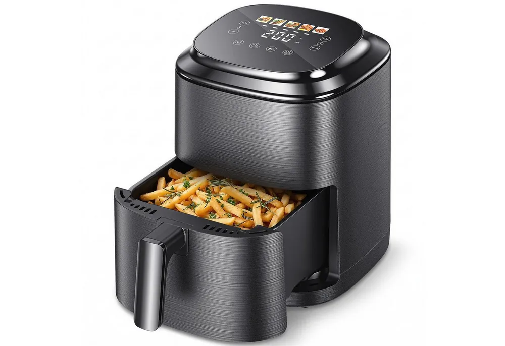 oyajia Heißluftfritteuse 4L AirFryer mit LED-Touchscreen, 80-200°C, 5 Kochfunktionen, Spülmaschinenfest, 1500 W, Backen, Grillen, Auftauen, Air Technologie 90% weniger Öl