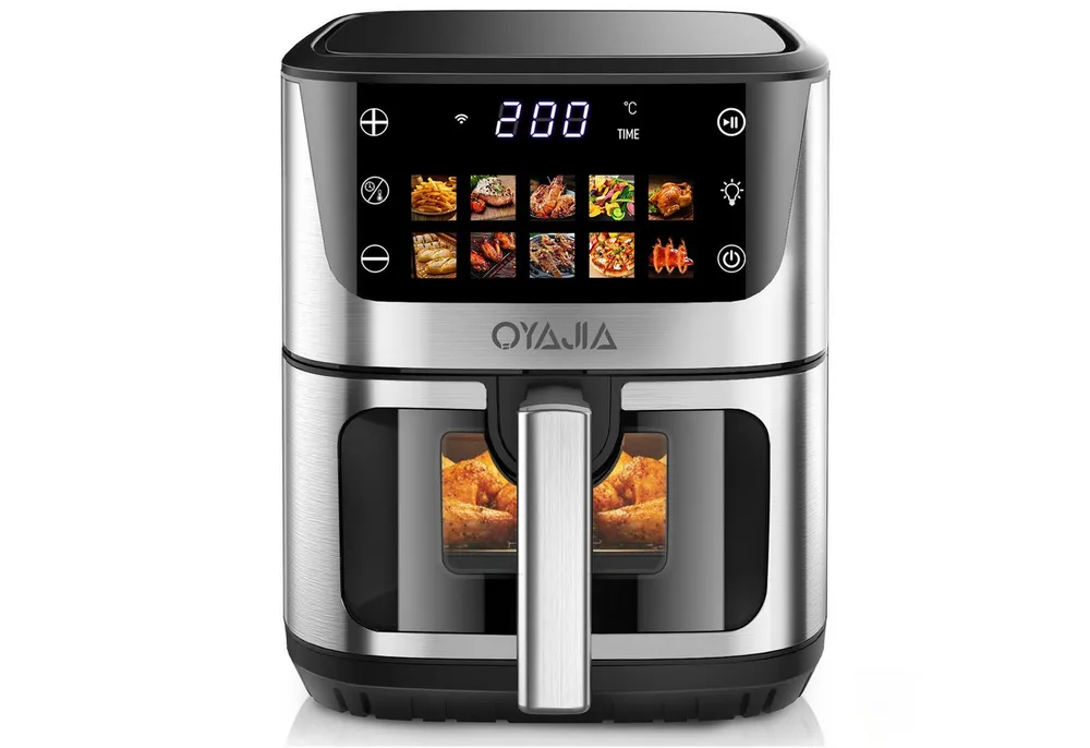 oyajia Heißluftfritteuse 9 Liter XXL Air Fryer, 10in1 Heißluftfritteuse, Farb-LED-Display mit Sensor-Touch Bedienung, fettfreie Zubereitung, inkl. Timer, platzsparend, spülmaschinenfester Korb, 1800,00 W, Heißluftfritteuse ohne Öl, Warmhaltefunktion