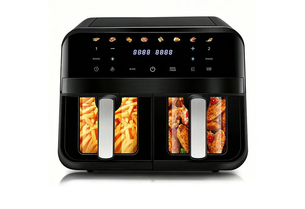 oyajia Heißluftfritteuse 9L Heißluftfritteuse RA930DSV XXL, 2 separat gesteuerte Garkammern, 2800,00 W, Touch Display, Sichtfenster, 8 Automatikprogramme/je 4,5 l pro Korb