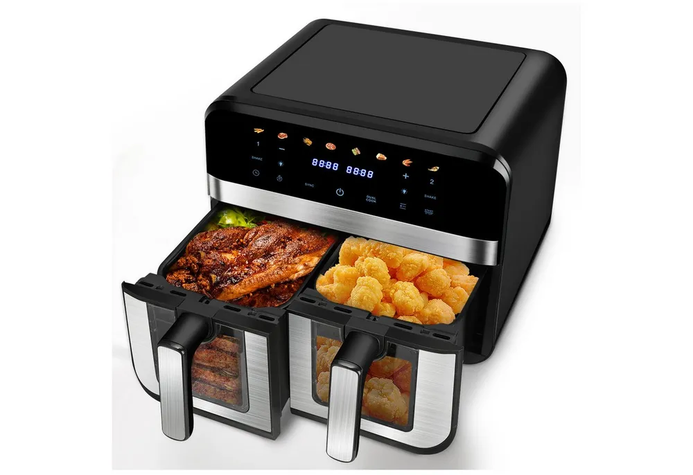 oyajia Heißluftfritteuse 9L Heißluftfritteuse RA930DSV XXL, 2 separat gesteuerte Garkammern, 2800,00 W, Touch Display, Sichtfenster, 8 Automatikprogramme/je 4,5 l pro Korb