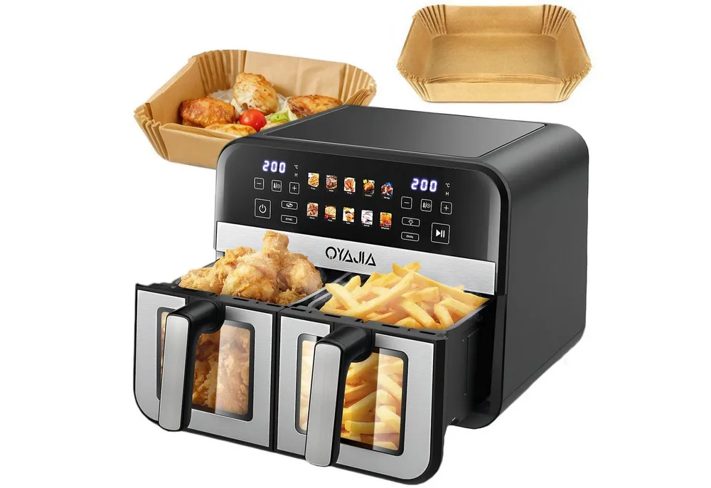 oyajia Heißluftfritteuse 9L Heißluftfritteuse RA930DSV XXL, 2 separat gesteuerte Garkammern, 2800,00 W, Touch Display, Sichtfenster, 8 Automatikprogramme/je 4,5 l pro Korb