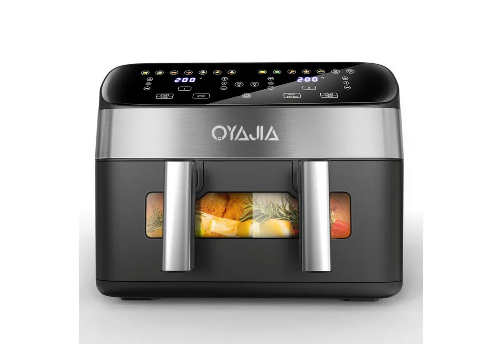 oyajia Heißluftfritteuse Airfryer GSE041T Flexible Basket mit Sichtfenster & Sync-Funktion, zwei Körbe mit 10L, 2600,00 W, 12 Kochfunktionen, Auftauen, Erwärmen, LED TouchScreen