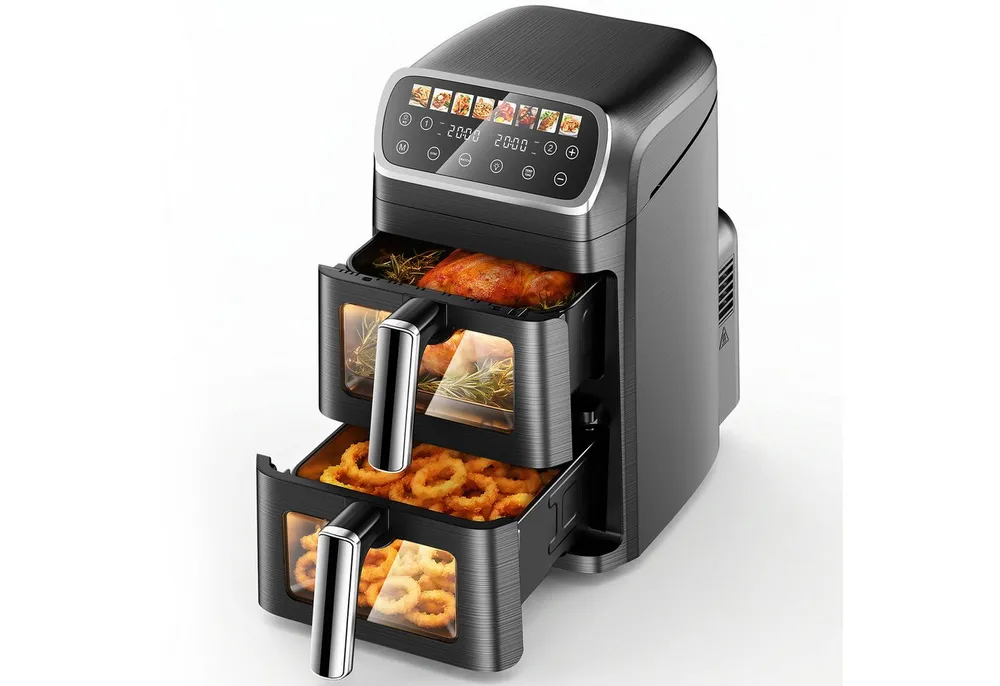 oyajia Heißluftfritteuse Heißluftfritteuse 2 Kammern, Airfryer 9L mit 8 voreingestellte Programme, LED Touch Farbdisplay, Sichtfenster, Unabhängige Temperaturregelung, 2800,00 W, Antihaft-Metallkörbe,4.5L+4.5L,fettarmes gesundes Kochen