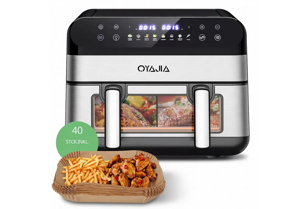 oyajia Heißluftfritteuse Heißluftfritteuse 2 Kammern, 10L Airfryer Doppelkammer Einkammer Verstellbar, 2600W 8 in 1 Heissluftfritteuse Doppelkammer Temperatur Separat Regeln Touchscreen, Doppel Air Fryer XXL Mit Sichtfenster, 2600 W