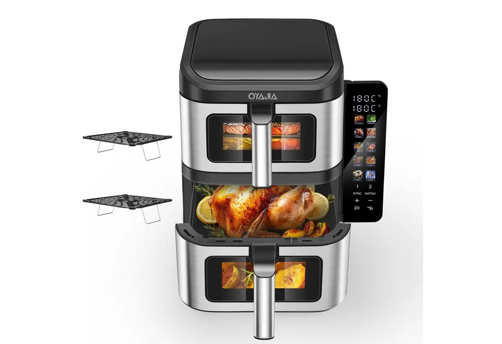 oyajia Heißluftfritteuse Heißluftfritteuse Doppelkammer, 11 Liter DUAL ZONE, Sichtfenster, mit Beleuchtung, 4 Kochstufen, 2 Körben, 2 Rosten, platzsparendes Design, 10 Kochfunktionen, 2800,00 W, Faltbares Digitales Farbdisplay, Synchro-Funktion