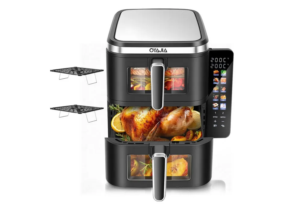 oyajia Heißluftfritteuse Heißluftfritteuse Doppelkammer, 11 Liter DUAL ZONE, Sichtfenster, mit Beleuchtung, 4 Kochstufen, 2 Körben, 2 Rosten, platzsparendes Design, 10 Kochfunktionen, 2800,00 W, Faltbares Digitales Farbdisplay, Synchro-Funktion
