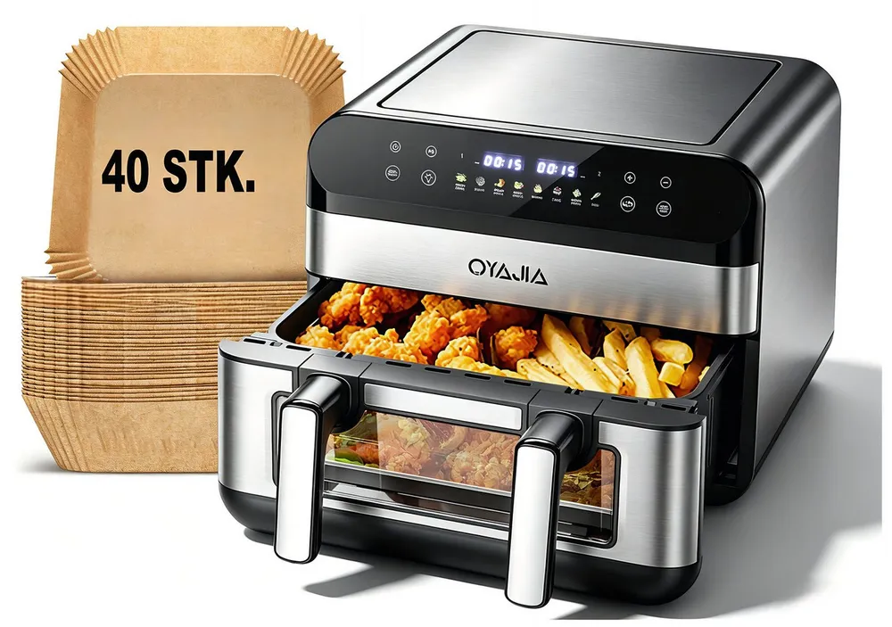 oyajia Heißluftfritteuse Heißluftfritteuse 11L 2 Kammern mit 40 Backpapier – 2800W Airfryer, 8-in-1 Air Fryer mit Sichtfenster und Innenlicht, Einzel oder Doppelkammer, Groß für 4–7 Personen, 2800,00 W, Backofen, Dörrautomat, Grill, Warmhalten&Auftauen