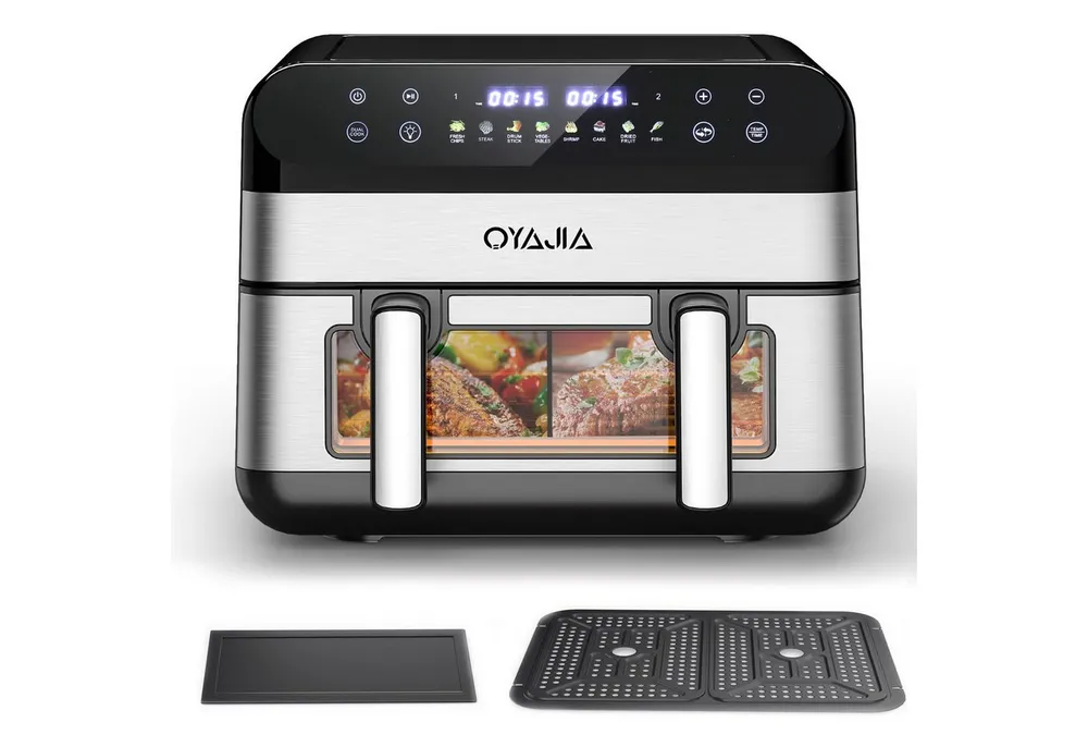 oyajia Heißluftfritteuse Heißluftfritteuse 2 Kammern, 10L Airfryer Doppelkammer Einkammer Verstellbar, 2600W 8 in 1 Heissluftfritteuse Doppelkammer Temperatur Separat Regeln Touchscreen, Doppel Air Fryer XXL Mit Sichtfenster, 2600 W