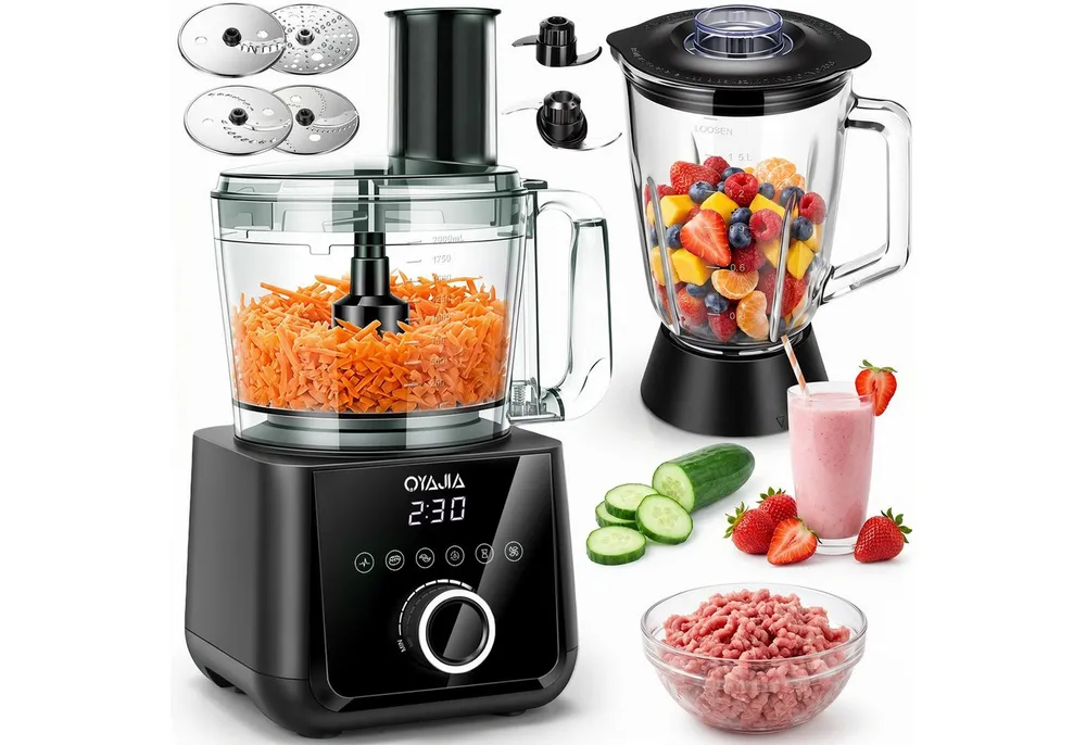 oyajia Küchenmaschine Mixer Kombination, 2,5L Zerkleinerer für Fleisch, Gemüse und Teig, 2L Standmixer mit Glasbehälter, 11 Geschwindigkeitsstufen&Pulsfunktion für Smoothies, Saft usw, 2000 W, 2,5 l Schüssel, Raspelscheiben Zitruspresse Zerkleinerer Eiscrusher Power