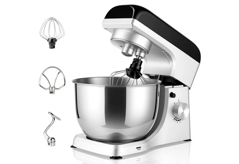 oyajia Küchenmaschine SM-1521X Küchenmaschine, 5,5 l Edelstahl Schüssel, Safe-Use-Sicherheitssystem, Metallgehäuse, inkl. 3-Teiligem Patisserie-Set und Spritzschutz, 1000 W, 5,5 l Schüssel, stufenloser Geschwindigkeitsregler