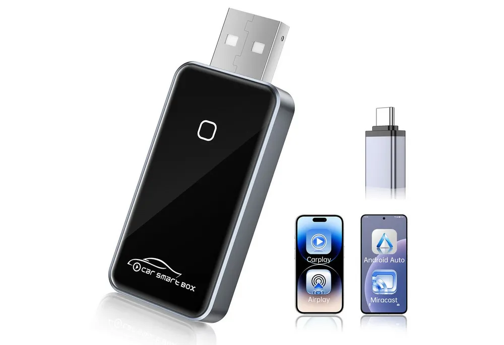 OYLCDI 4-in-1 Wireless CarPlay und Android Auto Adapter, Adapter Plug und Play,mit Bildschirmspiegelungsfunktion, zu USB Typ A, Kompatibel, mit iOS 10+/Android 11+ und Fahrzeugen mit kabelgebundenem CarPlay