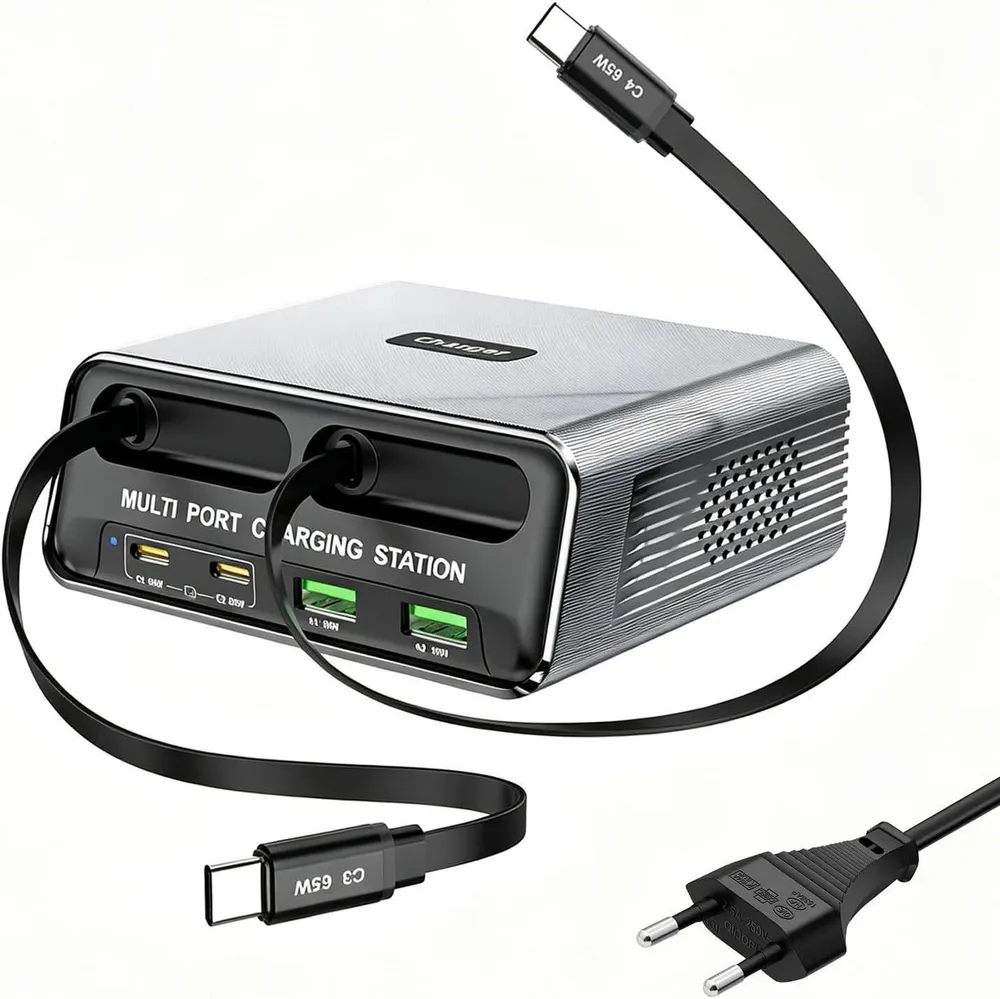 OYLCDI 6 in 1 Ladestation Mehrere Geräte,320W Schnellladegerät USB-Ladegerät (USB C Schnellladegerät mit 2 Einziehbaren Kabeln, Klein Ladestation Kompatibel, für MacBook, iPad, iPhone, Samsung und anderen Geräten)