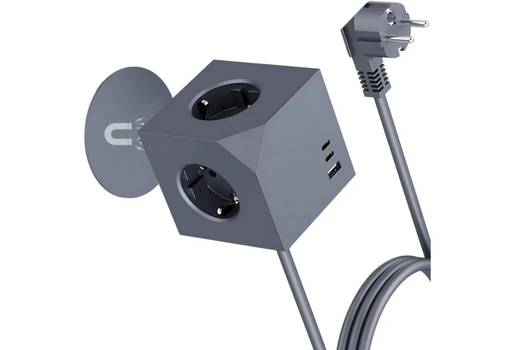 OYLCDI Steckdosenleisten Eck-Steckdosenleiste PD-Schnellaufladung 7 Fach Mehrfachsteckdose 6-fach (USB-Anschlüsse, 1,5M Verlängerungskabel, 3680W 16A,USB PD20W, Kinderschutz, Überspannungsschutz, Blitzschutz, Überlastschutz, Kurzsichlussschutz), mit USB Typ C&Schalter für Küche Büro Schlafzimmer Wohnzimmer