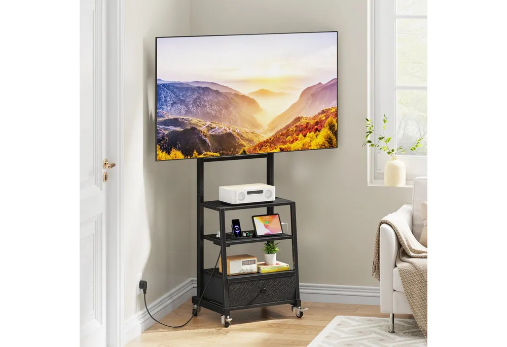 OYRREU TV-Ständer auf Rollen, höhenverstellbar, mit Halterung, Steckdose, Stoffschublade, (bis 75 Zoll, TV-Wagen mit Ablage, Monitorständer 1-St., für Fernseher, Laptop, Meetingraum Ausstattung, Touchscreen Halterung, mit Stauraum, Mittelregal & Sicherheitsrollen, VESA kompatibel)
