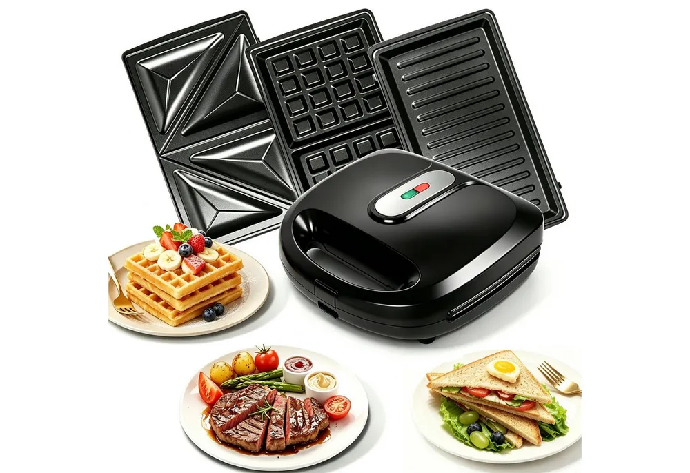 OZAVO 3-in-1-Sandwichmaker Sandwichtoaster, Waffeleisen,Kontaktgrill 23*23cm, 750 W, Antihaftbeschichtete abnehmbare Platten