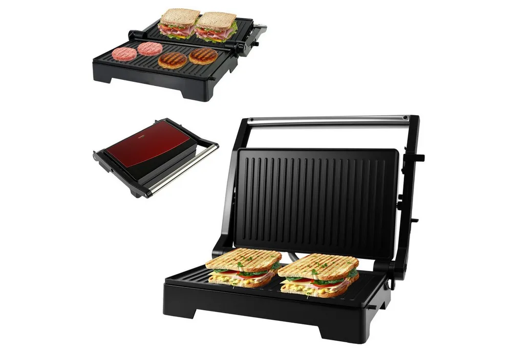 OZAVO Kontaktgrill Elektrogrill Tischgrill 1000W Panini Grill & Sandwich Maker geöffneter, 1000 W, Antihaftbeschichtet Elektrogrill leicht zu reinigen