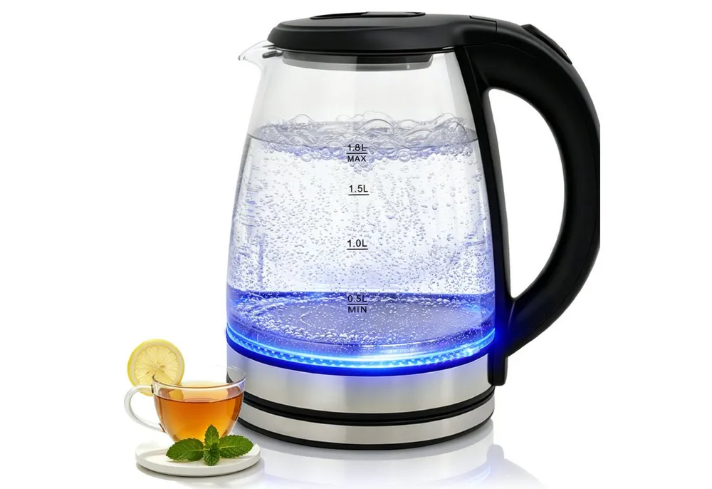 OZAVO Wasserkocher Glas 1,8L 1500W mit LED-Beleuchtung 100% BPA Frei, 1500 W, 360° Edelstahl Sockel,Trockenaufschutz