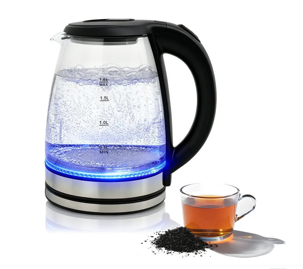 OZAVO Wasserkocher glas edelstahl 1.8L mit LED-Beleuchtung, 100% BPA Frei, 1500 W, 360° Edelstahl Sockel,Trockenaufschutz
