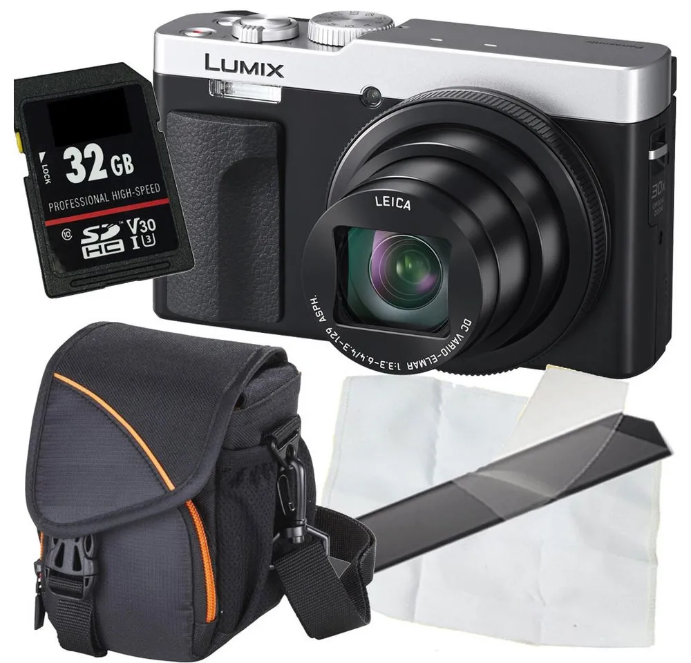 Panasonic DC-TZ99 silber Digitalkamera Set Angebot Kompaktkamera (inkl. Tasche, Karte, Mikrofasertuch, Display-Schutzfolie)