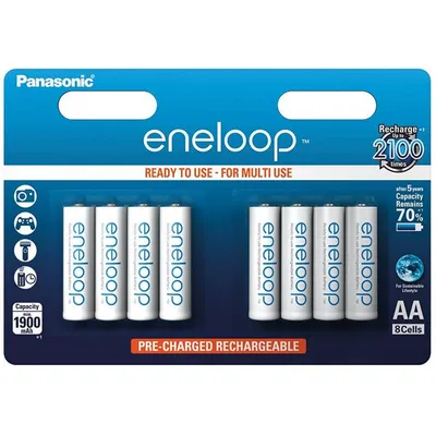Panasonic Eneloop Packung mit 8 wiederaufladbaren AA-Batterien 1900 mAh
