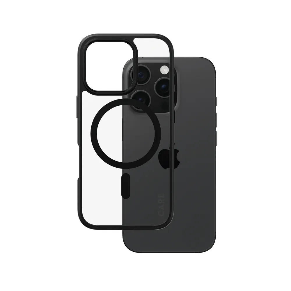 CARE by PanzerGlass Flagship Case Transparent Urban Combat m. Schwarz Rahmen & MagSafe iPhone 16 Pro