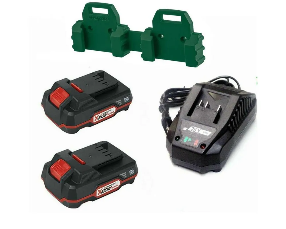 Parkside Starterset 2 x Akku 20 V 2.0 Ah PAP 20, Ladegerät, 2 Wandhalter Akku Starter-Set