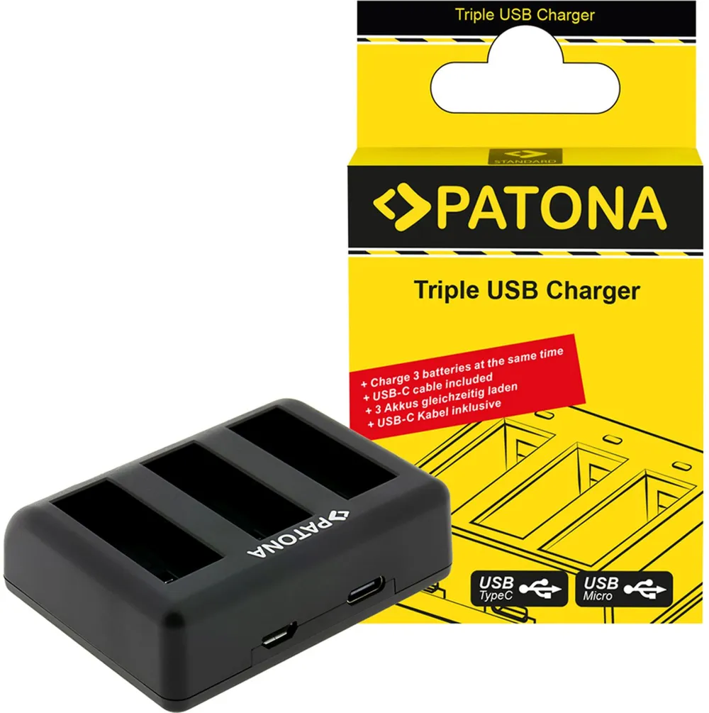 PATONA Triple Ladegerät für DJI Osmo Action 3/4/5 inkl. USB-C Kabel