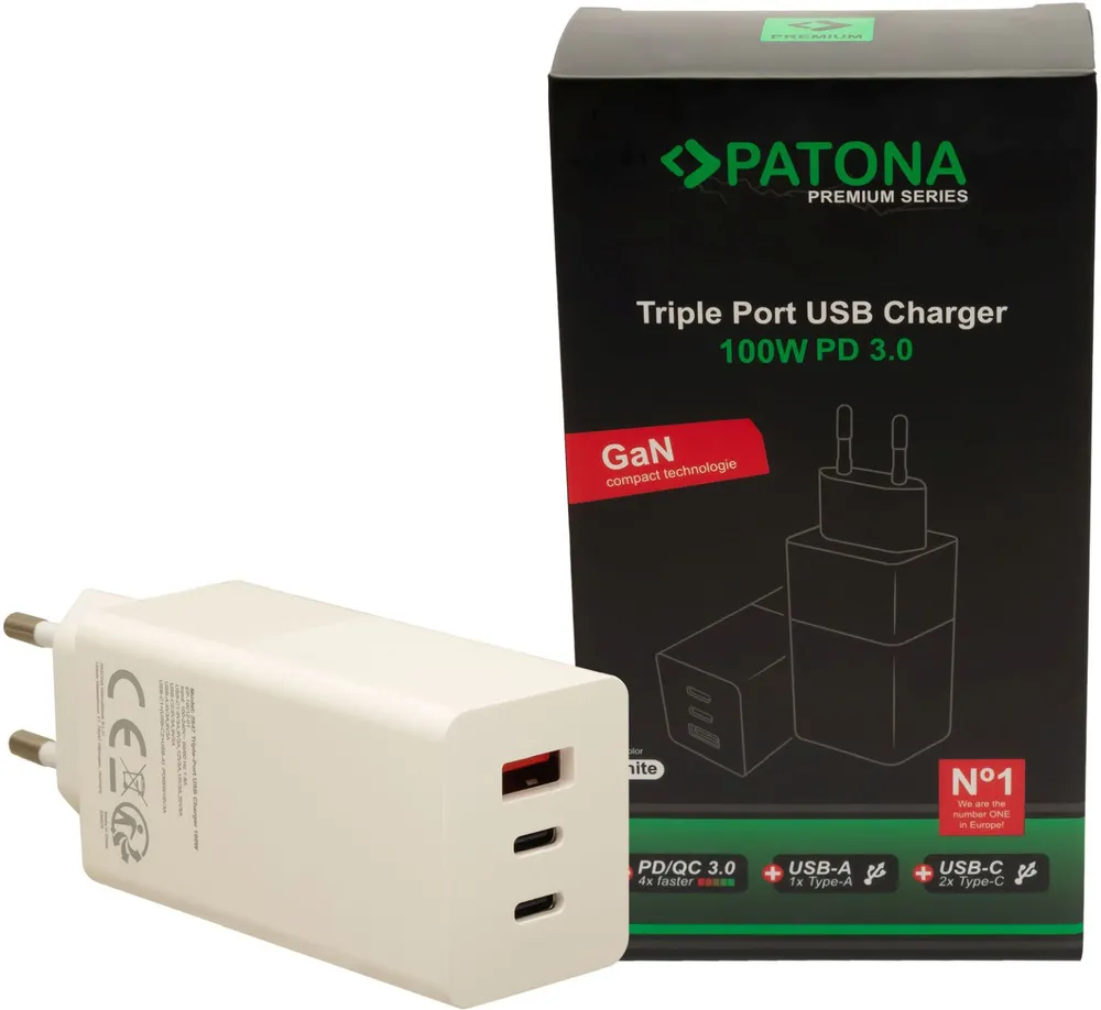 Patona Premium GaN PD100W Adapter 2xUSB-C 1xA weiß