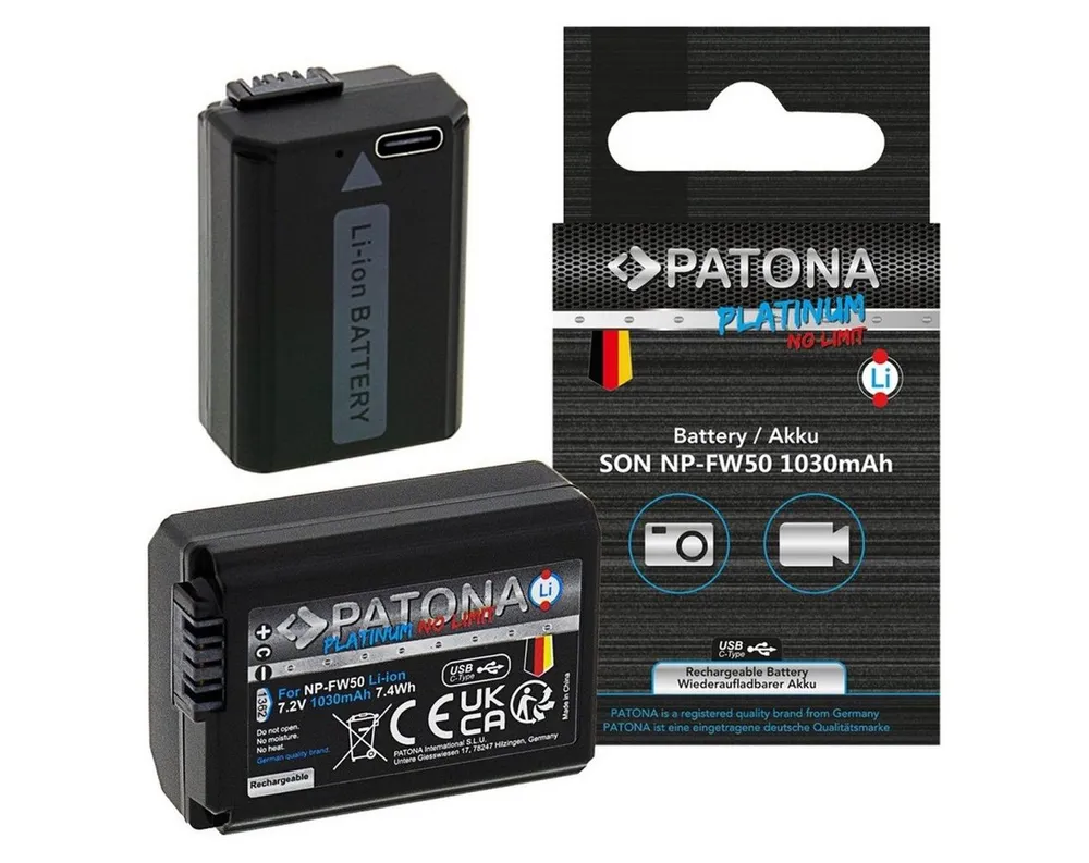 Patona 2x Akku für Sony NP-FW50 mit USB C Input Kamera-Akku Ersatzakku Akku 1030 mAh (7,2 V, 2 St), NEX.3 NEX.3C NEX.5 NEX.5A NEX.5C