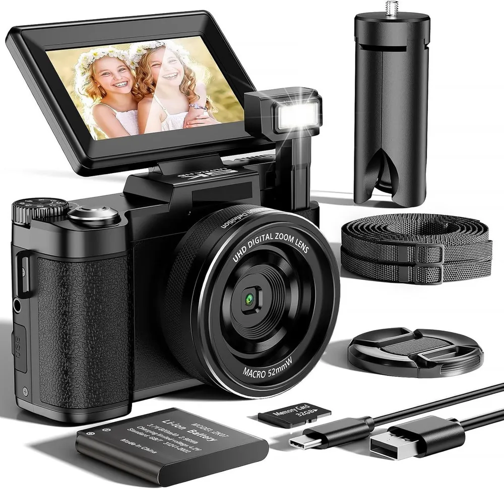Pdgrid 5K 64MP Autofokus Kamera Kompaktkamera Fotokamera Vollformat-Digitalkamera (64 MP, 180° Klappbarer 3 Zoll LCD-Bildschirm, 32GB Karte 5K 64MP)