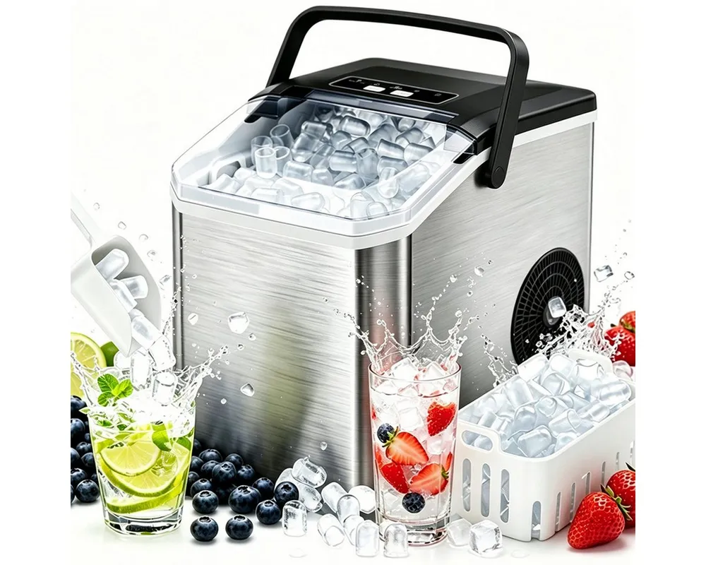 Pdgrid Eiswürfelmaschine 1.3L Edelstahl ice maker Eiswürfel in 6 Minuten geräuscharm, mit Selbstreinigung ,2 Größen/15 kg/24 H,LED-Anzeige,für Küche,Büro