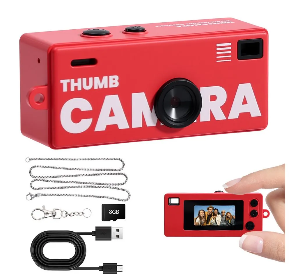 Pdgrid Retro Mini Daumenkamera 1080P mit Blitzlicht & 8GB TF-Karte Kompaktkamera (1080 MP, 4 Filter mit Type-C, Tragbare Kleinkamera für Alltag Reisen Geschenk)