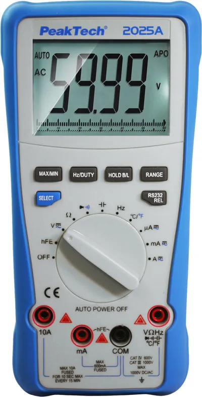 PEAKTECH True RMS Multimeter, P 2025 A, 1000 V AC/ DC, 10 A AC/ DC, USB