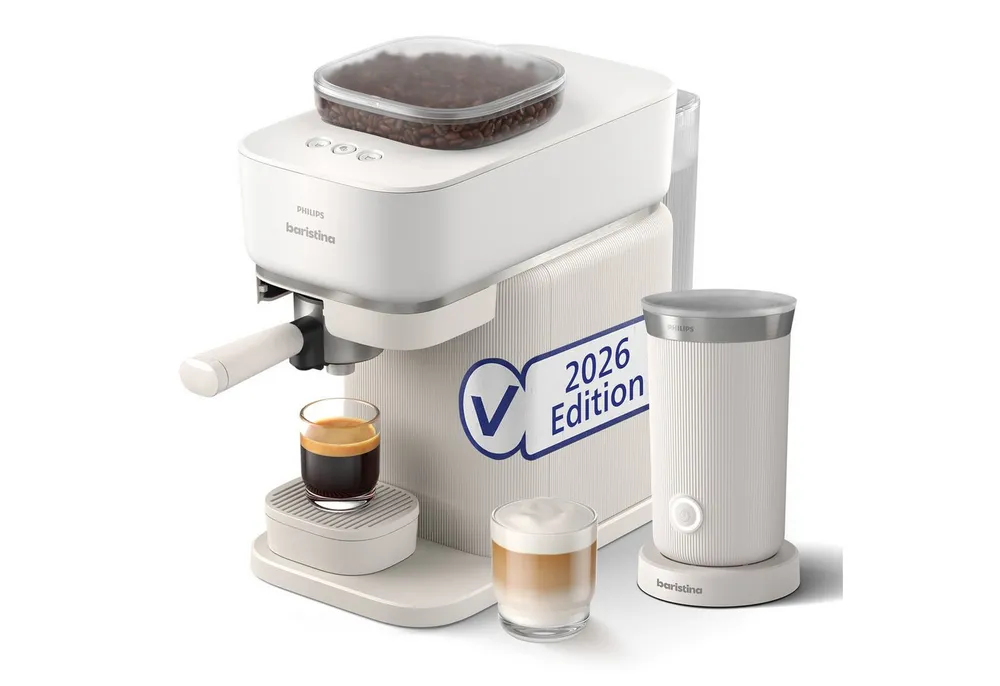 PHILIPS baristina Espressomaschine BAR308/00 mit Mahlwerk für ganze Bohnen, Milchaufschäumer inkl., 16 bar Pumpendruck, Naturweiß