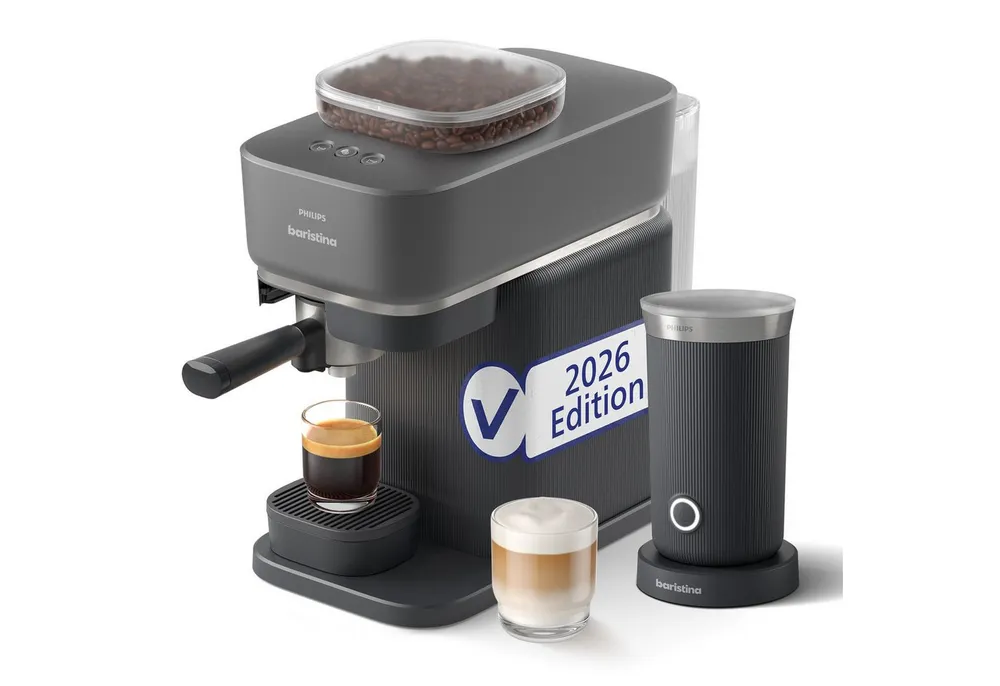 PHILIPS baristina Espressomaschine BAR308/60 mit Mahlwerk für ganze Bohnen, Milchaufschäumer inkl., 16 bar Pumpendruck, Schwarzgrau