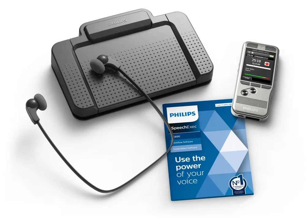 Sprachrekorder Philips DPM6700/03 mit Steuerpedal und Stereo-Kopfhörer
